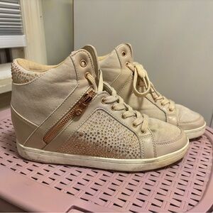 Guess Cream High-Top Wedge Sneakers with Rhinestone Details Size 8